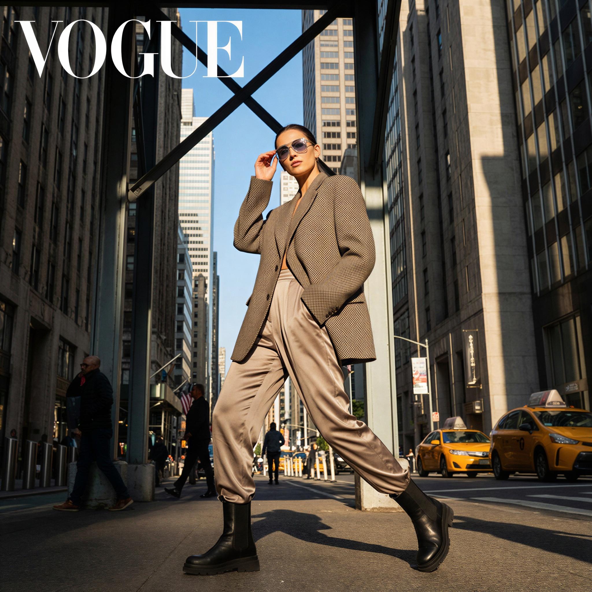 Vogue editorial style, solo street fashion shot in bustling urban environment, high-contrast daylight with sharp architectural lines, confident dynamic pose showcasing texture, vibrant modern cityscape backdrop, energetic confident mood, low-angle street photography composition, high-resolution editorial quality