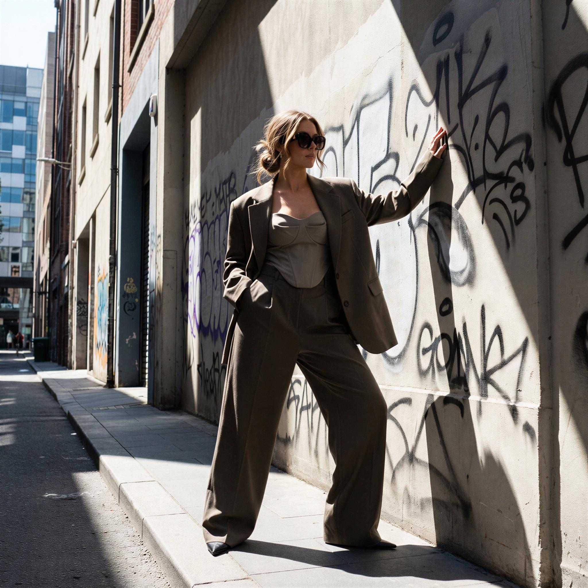Vogue editorial style street style lookbook shot, dynamic urban setting with sharp architectural lines, bright midday natural light creating hard contrasts, confident pose against a vibrant graffiti wall, high-fashion contemporary clothing focus, energetic and bold mood, full-body framing, crisp focus, street photography mastery, professional influencer content quality