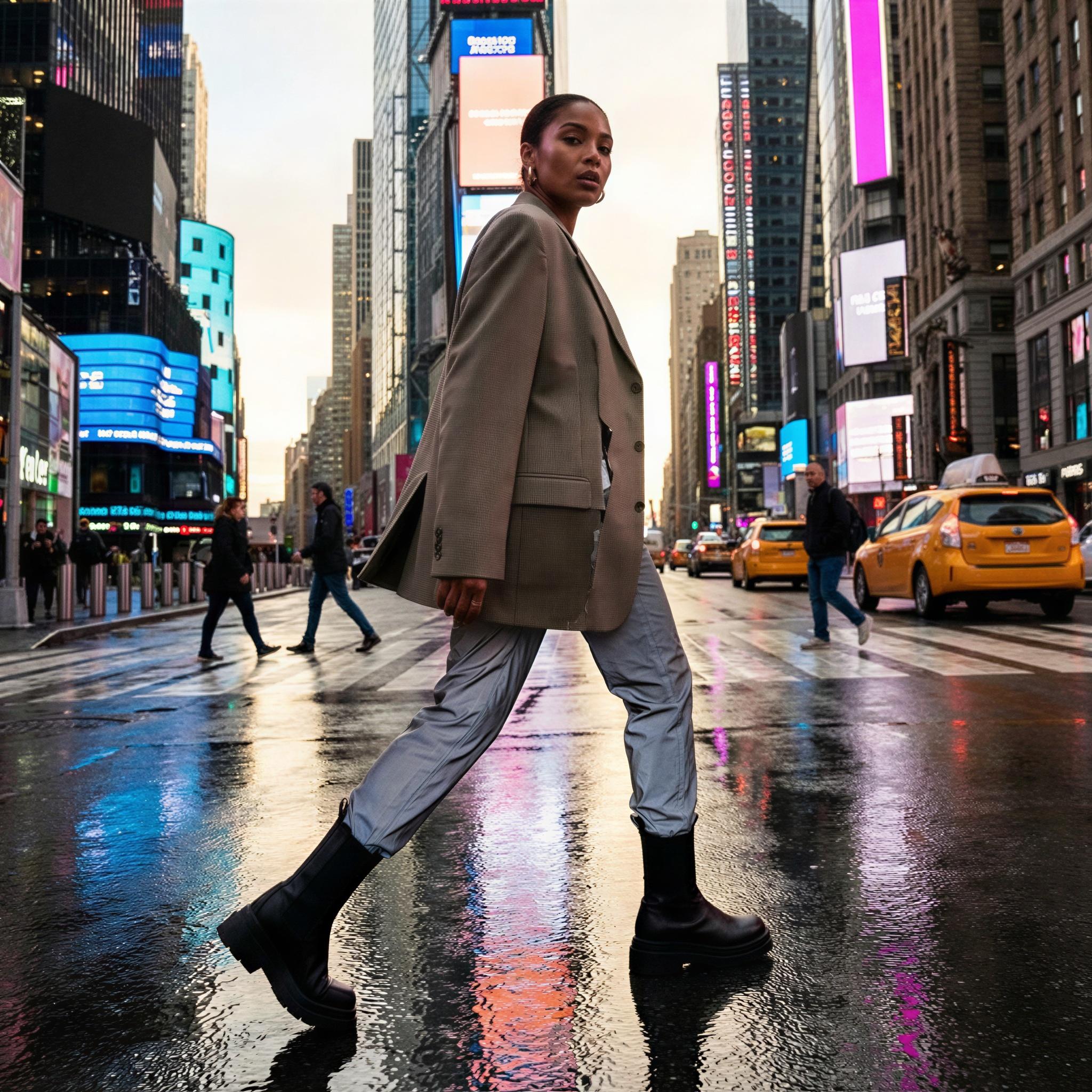 Vogue editorial style influencer lookbook shot, urban metropolitan street setting, dynamic daylight capturing reflections on wet pavement, confident powerful stride, high fashion streetwear focus, edgy and modern atmosphere, low angle composition emphasizing height, sharp detail, high-contrast editorial photography