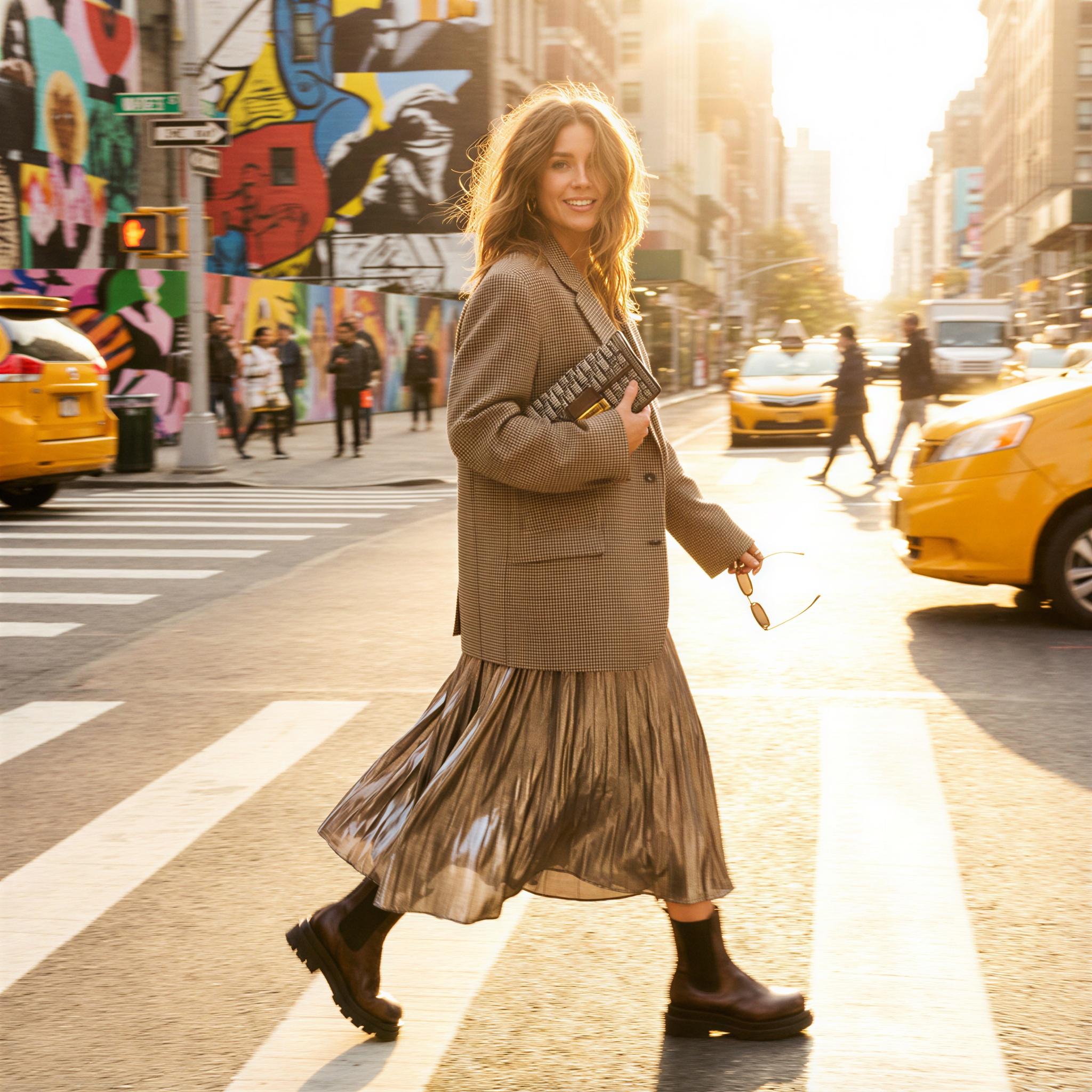 Vogue editorial style, solo influencer capturing street style moment, vibrant urban setting with blurred motion, high-key afternoon sunlight creating strong highlights, confident and dynamic pose, contemporary high-fashion apparel focus, sharp focus on texture, energetic metropolitan atmosphere, full-body composition, professional lookbook quality