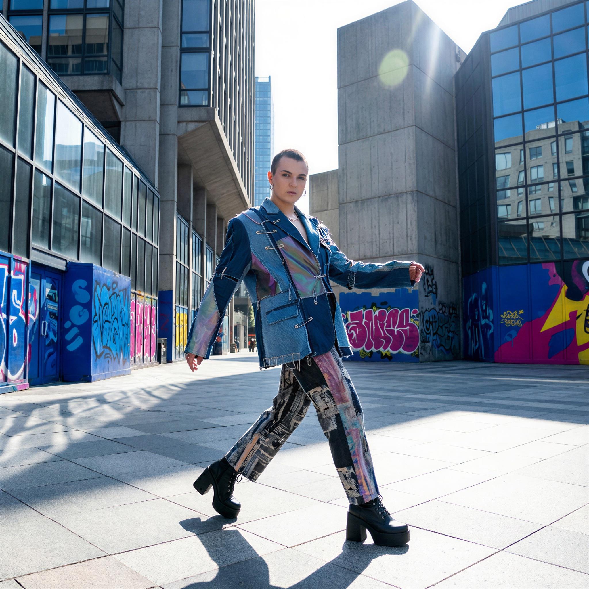 Vogue editorial style, single modern influencer showcasing avant-garde street style, vibrant city backdrop with dramatic architectural lines, crisp midday sunlight creating defined geometric shadows, confident dynamic pose, high-contrast urban aesthetic, sharp focus, cutting-edge fashion editorial quality