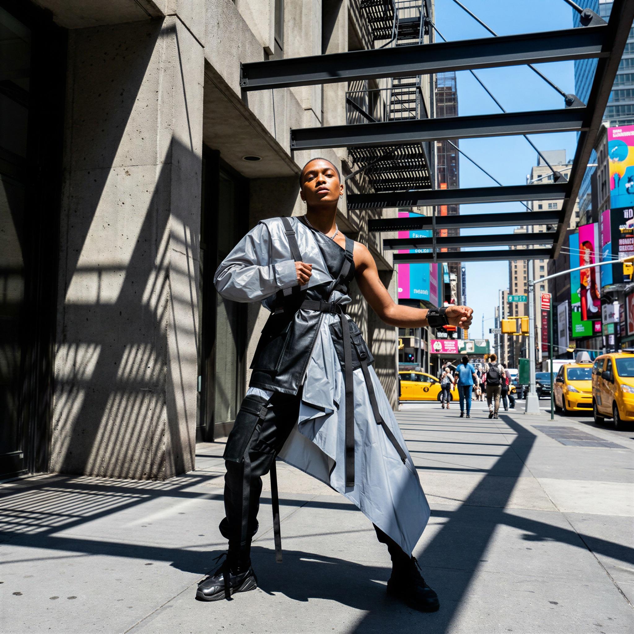 Vogue editorial style, solo influencer portrait on vibrant city street, midday harsh sunlight creating strong geometric shadows, confident dynamic pose against brutalist architecture, high-fashion avant-garde streetwear, energetic urban atmosphere, high contrast editorial framing, sharp focus, professional commercial photography