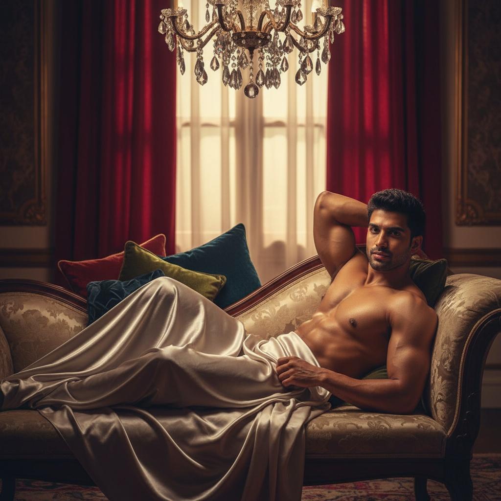 A 25-year-old Indian male, David, captivatingly posed in a luxurious boudoir setting. He exudes confidence, wearing elegantly draped satin sheets that contrast against his warm skin tone. The boudoir is tastefully adorned with rich velvet curtains and soft ambient lighting that accentuates the contours of his physique. The pose, relaxed yet alluring, showcases his artistry, embodying a blend of strength and sensuality. Light plays softly across his face, ensuring a dramatic yet intimate atmosphere that invites the viewer into a moment of quiet allure and vulnerability.