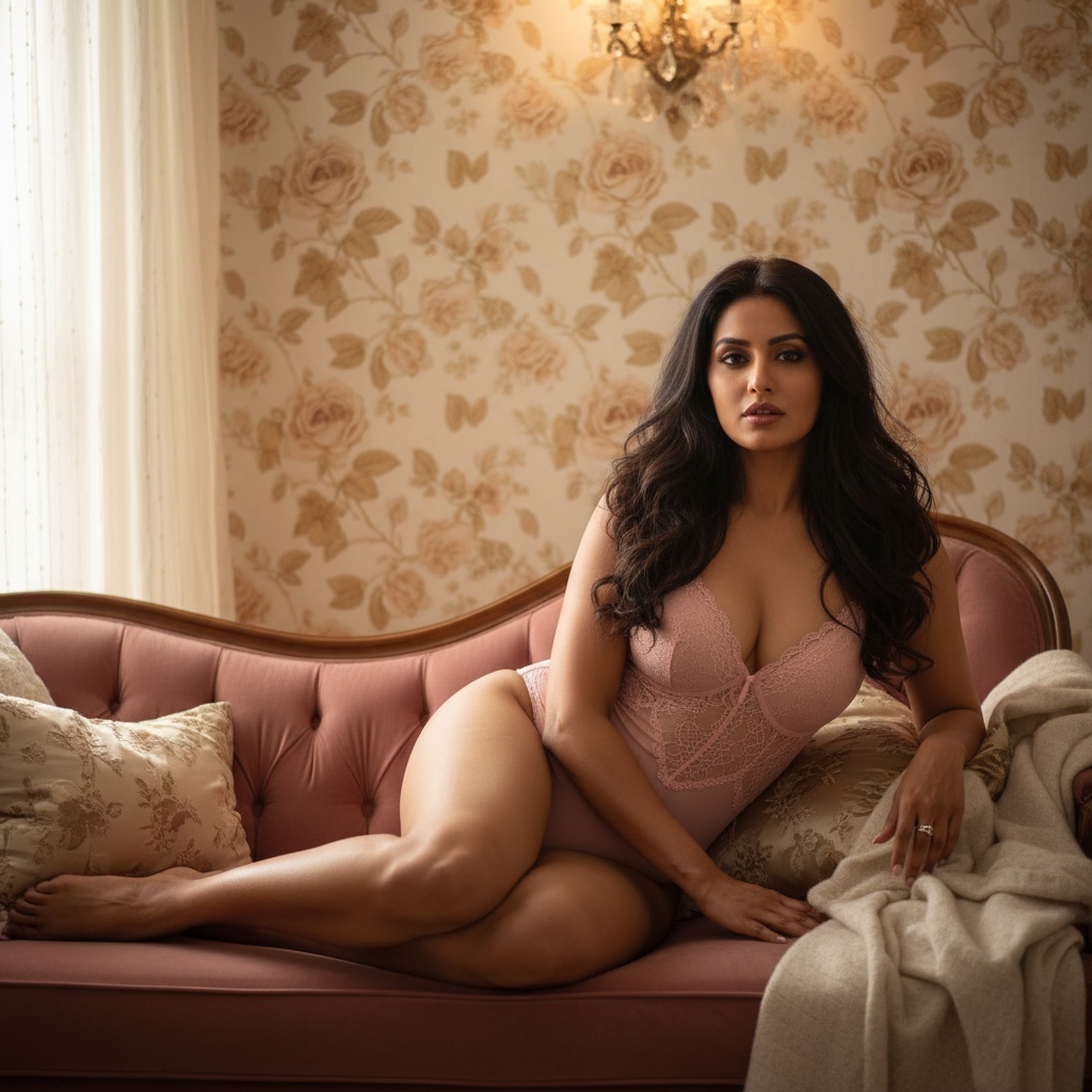 A woman wearing a pink lace bodysuit poses gracefully on a vintage-style pink sofa, surrounded by floral wallpaper and soft lighting.