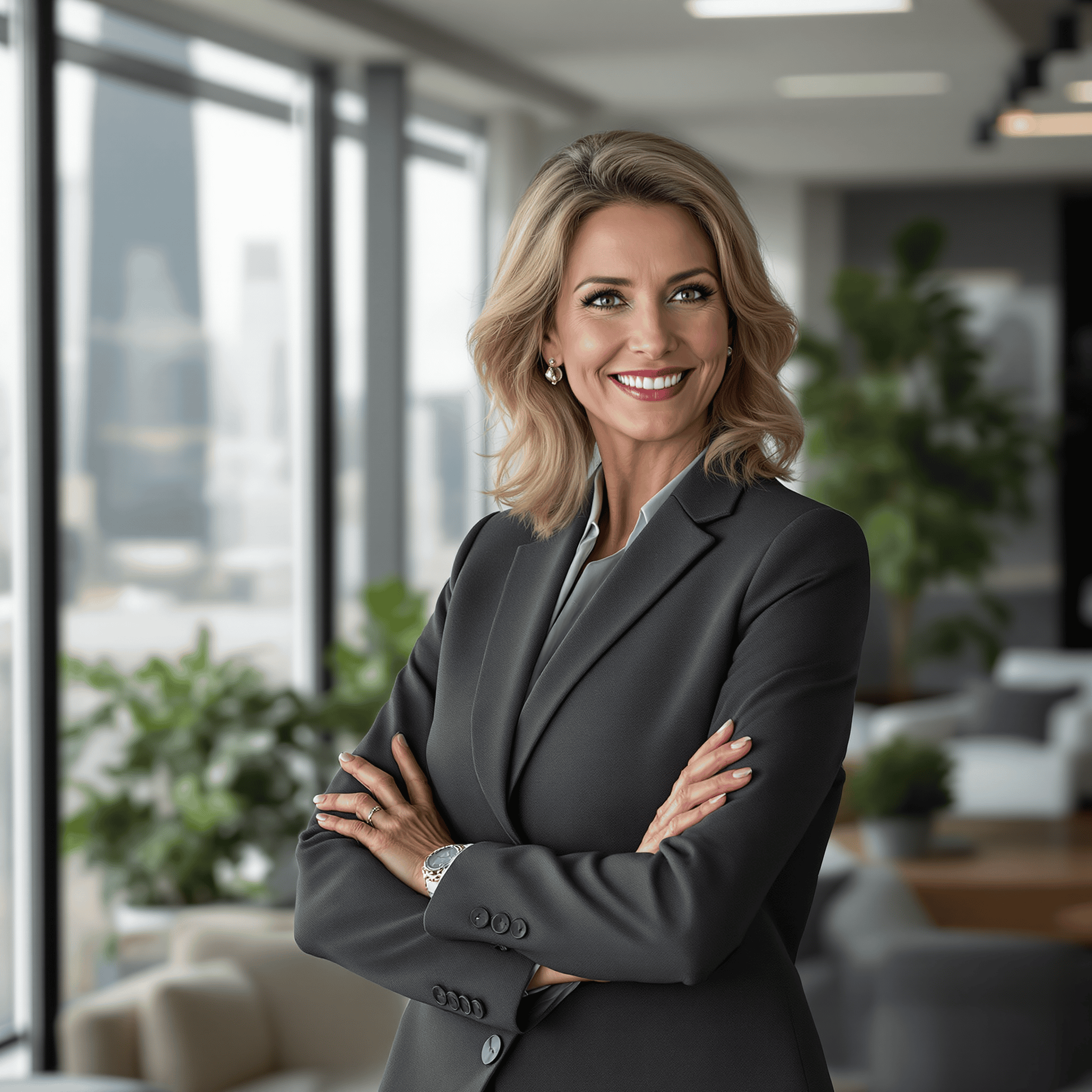 Olivia, a professional female in her 40s, standing confidently in a modern corporate office setting. She is wearing a tailored business suit, with her hair styled elegantly. The office background features large windows with a cityscape view, sleek furniture, and some plants, creating a professional yet inviting atmosphere. Olivia's expression reflects determination and leadership, embodying the essence of a successful corporate executive.