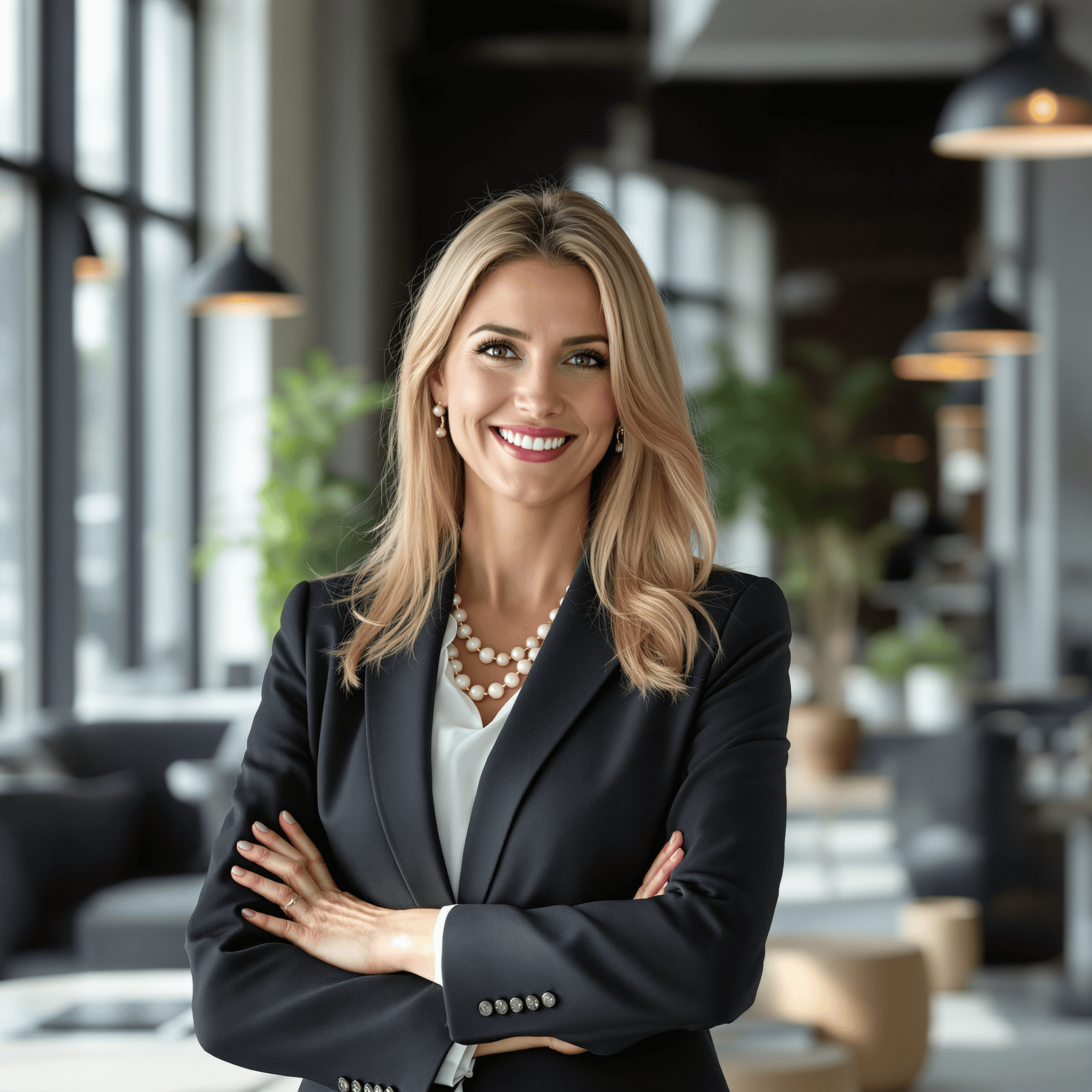 A professional woman named Sarah, 40 years old, is in a corporate setting. She is dressed in a tailored business suit, standing confidently with a slight smile, surrounded by modern office decor. The scene conveys professionalism and leadership, with natural light coming through large windows highlighting her presence. The atmosphere is dynamic, embodying the energy of a bustling corporate environment.