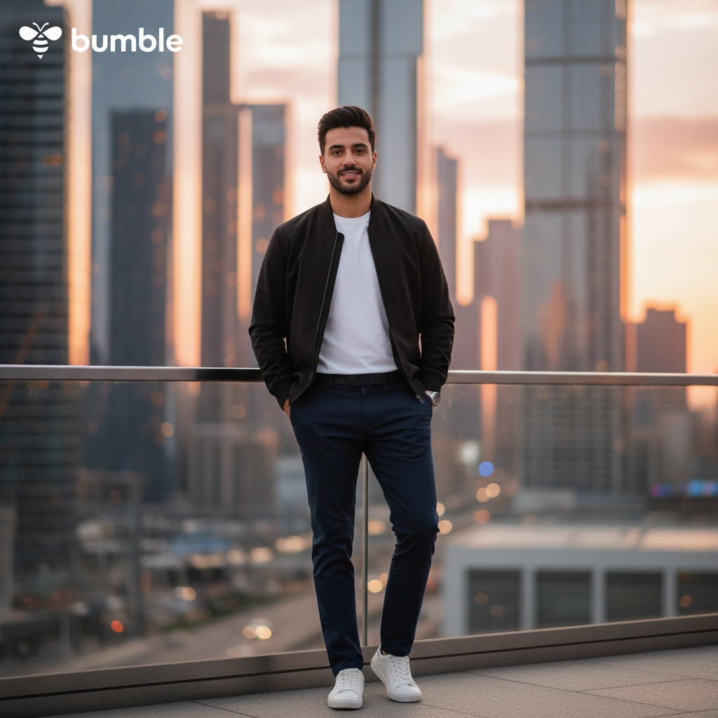 A striking 29-year-old Arab male, David, effortlessly embodies the spirit of Bumble in an urban setting. He is styled in a casual yet sophisticated outfit: a tailored black bomber jacket layered over a fitted white tee, complemented by slim-fit navy chinos. His confident stance exudes approachability, with a subtle smile that invites connection. The backdrop is a vibrant cityscape, with soft pastel hues of sunset reflecting off glass buildings, symbolizing opportunity and warmth. The shot captures a blend of dynamic energy and modern romance, emphasizing David's charismatic presence against this lively environment, all under natural golden hour lighting. This image radiates the essence of connection and confidence, echoing the Bumble ethos.