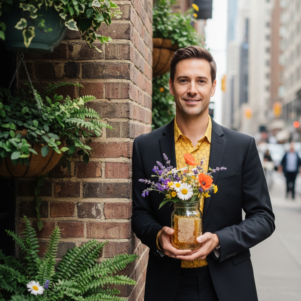 David, a charismatic male figure aged 34, embodies a modern-day bee charmer in a vibrant urban setting. He wears a tailored black suit made from lightweight fabric and a bold mustard yellow shirt adorned with an abstract honeycomb pattern. Cradling a transparent jar filled with wildflowers and golden honey, he leans casually against a weathered brick wall, surrounded by lush greenery. Soft, diffused lighting highlights his features, while a shallow depth of field keeps the focus on him, blending nature's vibrancy with urban sophistication, exuding an eco-conscious aesthetic.