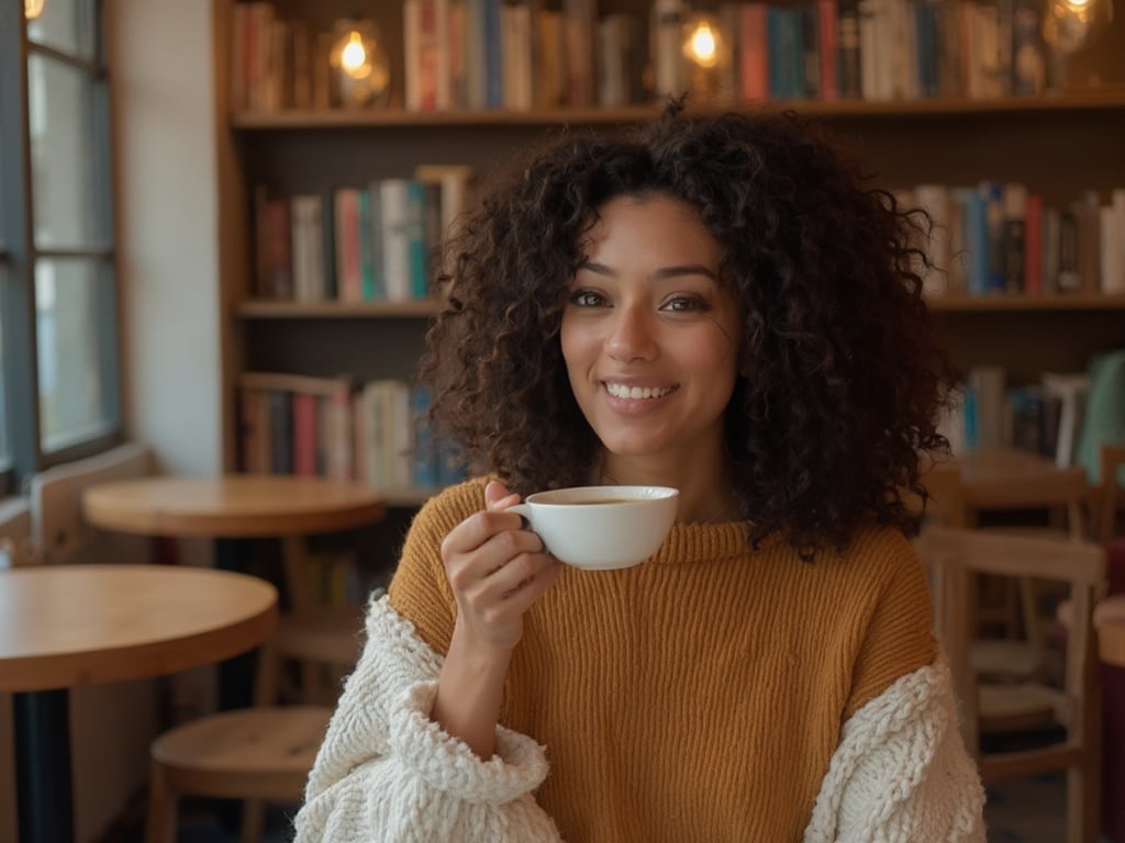 Emily, a 30-year-old Middle Eastern female, is seated at a cozy Bumble coffee shop, engaged in a vibrant conversation over a cup of coffee. She has curly dark hair and warm brown eyes, dressed in a stylish yet comfortable outfit that showcases her personality. The setting is inviting with soft lighting, wooden furniture, and an array of books on a nearby shelf, creating a relaxing atmosphere perfect for socializing or working.