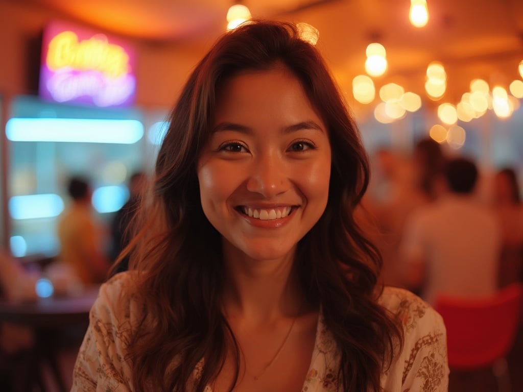 Emily, a 35-year-old Asian female, is pictured in a vibrant Bumble-themed setting, with the app's logo subtly incorporated into the background. She has a warm smile, exuding confidence and approachability, dressed in smart casual attire that reflects her contemporary style. The atmosphere is lively and engaging, capturing the essence of modern dating culture.