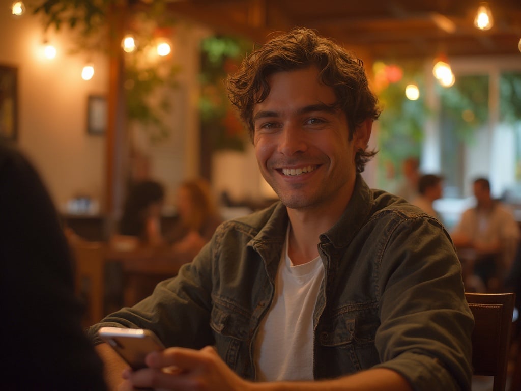 A 25-year-old Latin male, John, casually dressed with a friendly smile, sitting in a cozy café setting of Bumble, showcasing a relaxed and vibrant atmosphere. He has short, wavy hair and is seen holding a smartphone, engaging in conversation. The background is softly lit, capturing the energetic vibe of Bumble as a social platform.