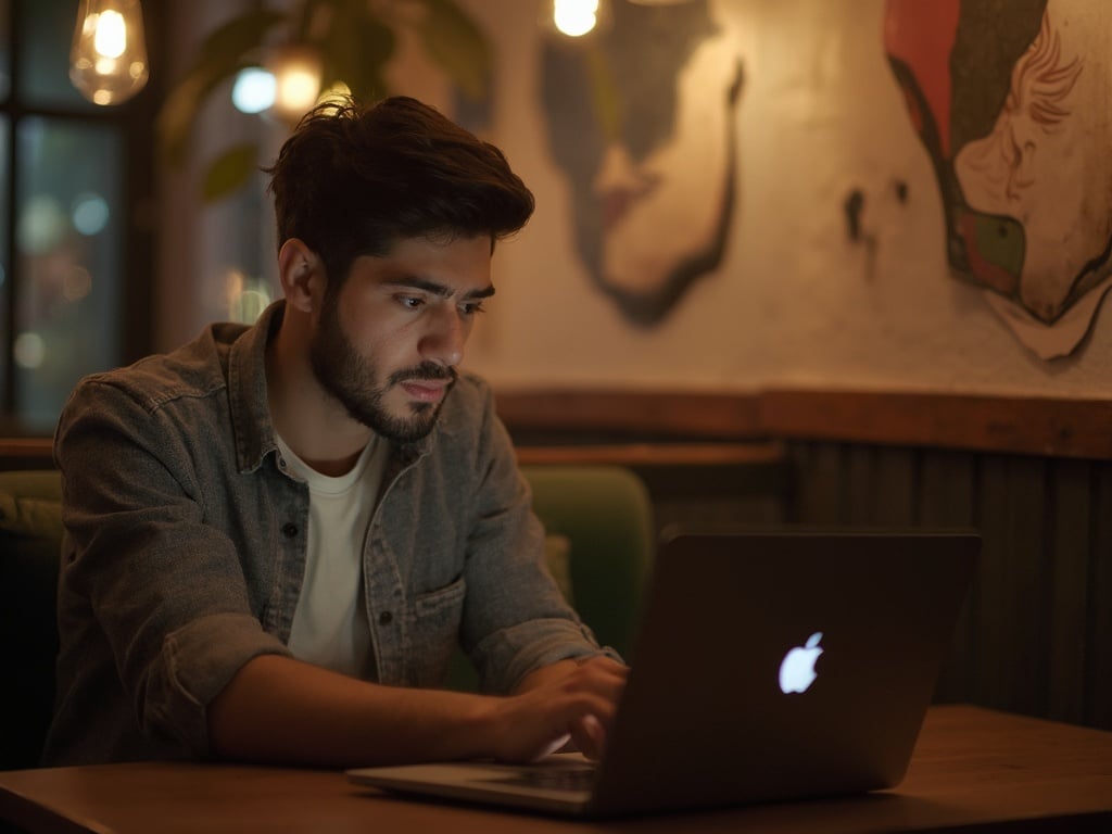 Michael, a 25-year-old Middle Eastern male, is sitting in a cozy cafe setting in Bumble, engaging with his laptop. He has a casual yet stylish appearance, with short black hair and a light beard, wearing a trendy shirt. The ambiance is warm and inviting, with soft lighting and artistic decor, creating a relaxed atmosphere perfect for socializing or working. The scene captures Michael's focused demeanor as he interacts with his device.