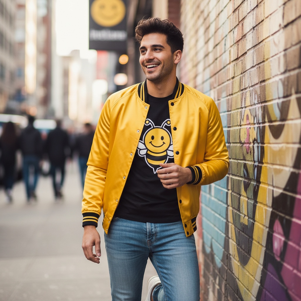 A dynamic portrait of Michael, a 23-year-old Middle Eastern male, embodying a playful and contemporary aesthetic inspired by the 'Bumble' theme. He stands in a vibrant urban setting, wearing a tailored yellow bomber jacket made of luxe satin with black contrast stripes. Underneath, a fitted black graphic tee featuring a whimsical bee illustration complements his stylish slim-fit distressed denim pants and white sneakers. Leaning against a graffiti-adorned wall, Michael exudes carefree confidence, with sunlight highlighting his cheekbones and tousled hair. The composition captures urban joy and youthful energy, perfect for a contemporary fashion magazine spread, showcasing modern masculinity.