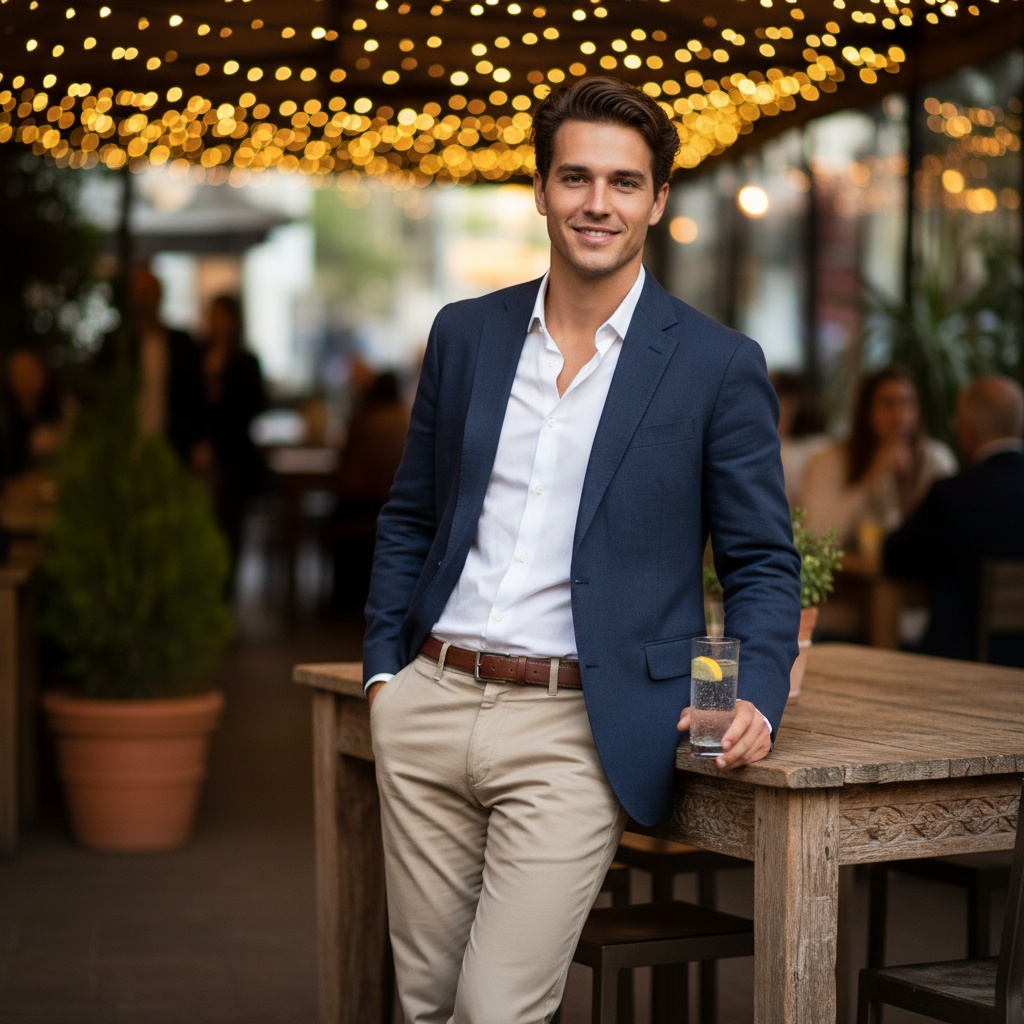 A charming 22-year-old male, James, exuding youthful confidence and style on a casual yet stylish date night. He is dressed in a tailored navy linen blazer over a crisp white shirt, paired with slim-fit chinos. The setting is a softly lit outdoor café, with warm fairy lights twinkling overhead, creating an intimate atmosphere. James leans casually against a rustic wooden table, his posture relaxed yet engaging, one hand tucked into his pocket while the other holds a glass of sparkling water. His tousled hair is complemented by a slight smile that hints at playfulness, inviting connection. The lighting is soft, casting flattering shadows that enhance his features, embodying the excitement of a budding romance, making the viewer feel the warmth and anticipation of a perfect date night.