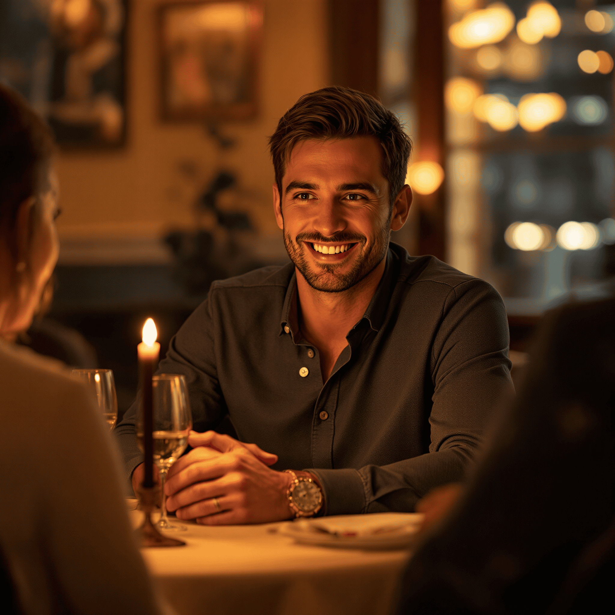 A 30-year-old man named John, seated at a cozy candlelit table in a romantic restaurant setting, smiling as he engages in conversation with a date. He is dressed in a smart casual outfit, with warm ambient lighting creating an intimate atmosphere. The background features elegant decor, adding to the ambiance of a perfect dating scenario.