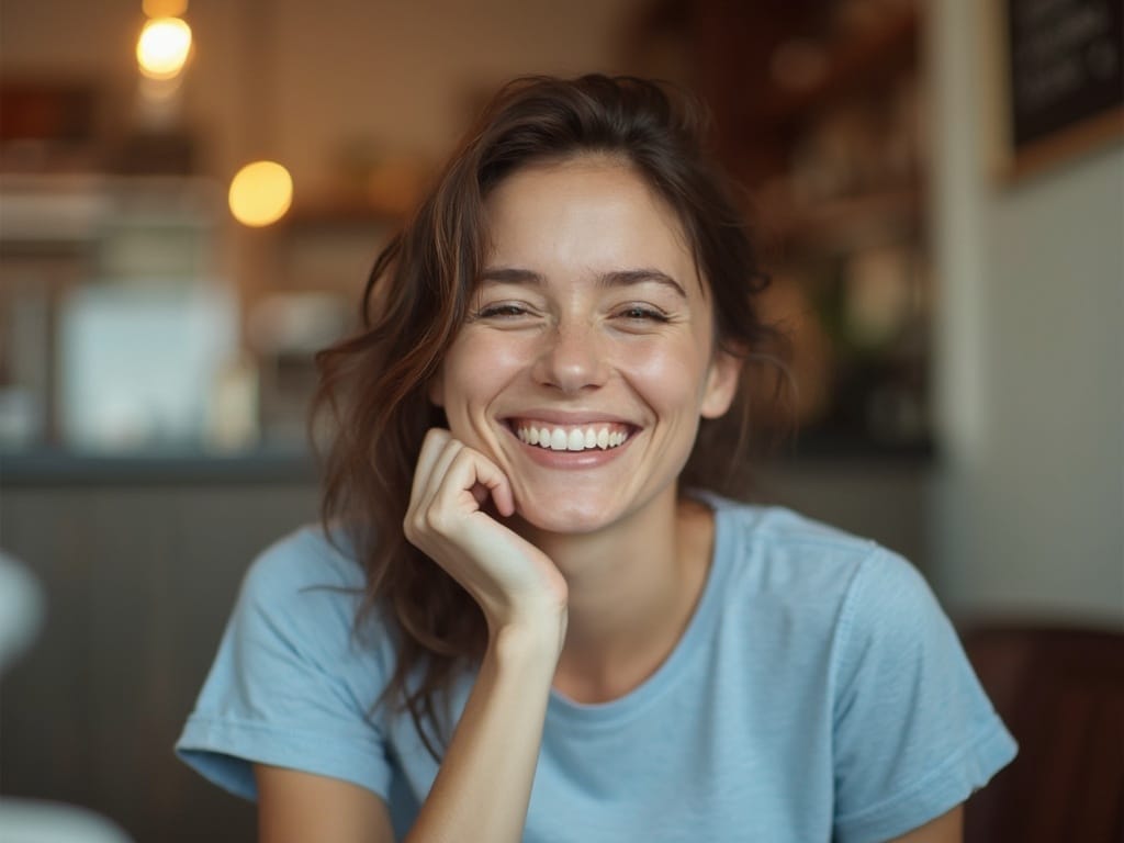 Smiling woman in casual blue t-shirt sitting at a café, radiating warmth and happiness.