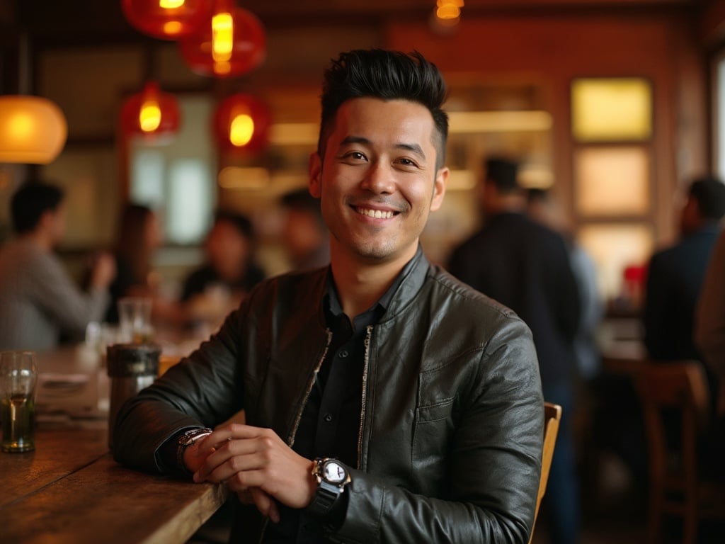 David, a 30-year-old Asian male, confidently posing at a trendy bar setting in Hinge. He is dressed in smart casual attire, radiating charm and approachability. The warm lighting enhances the relaxed atmosphere of the surroundings, with stylish decor and patrons in the background contributing to the vibrant social setting.