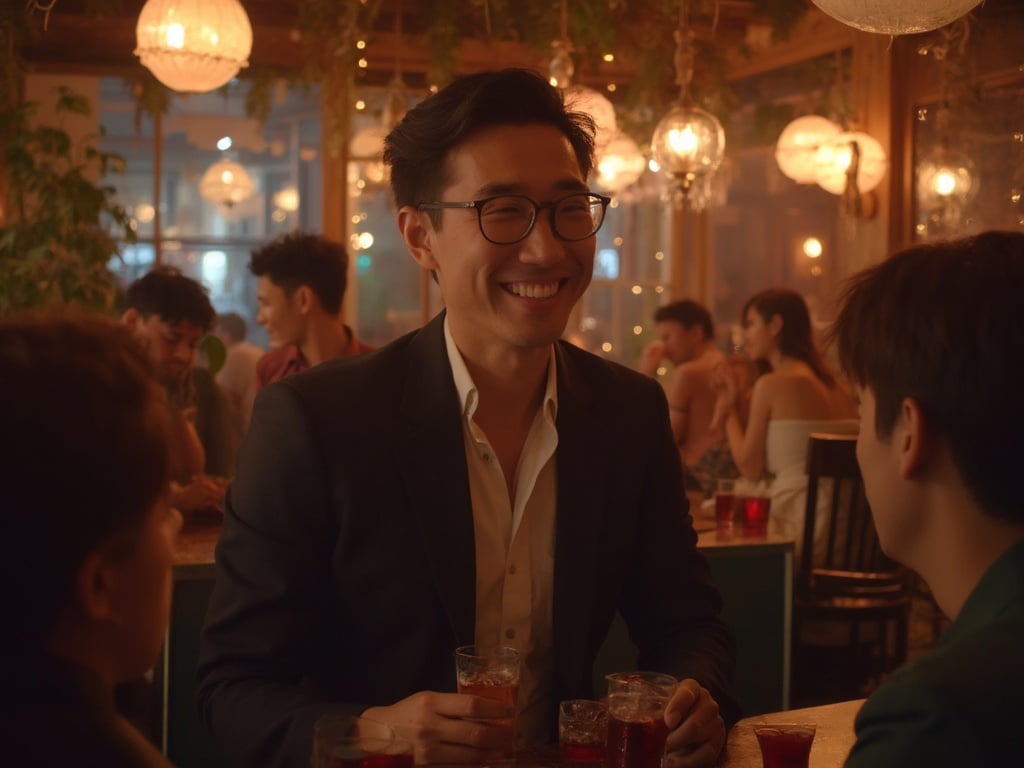 David, a 35-year-old Asian male, is engaging with friends at a lively social gathering in a casual setting called Hinge. The atmosphere is vibrant with people laughing and enjoying drinks, capturing a sense of camaraderie. David is dressed in a smart-casual outfit, showcasing an approachable smile amidst the warm, inviting lighting. The background features comfortable seating and decorative elements that highlight the social ambiance.