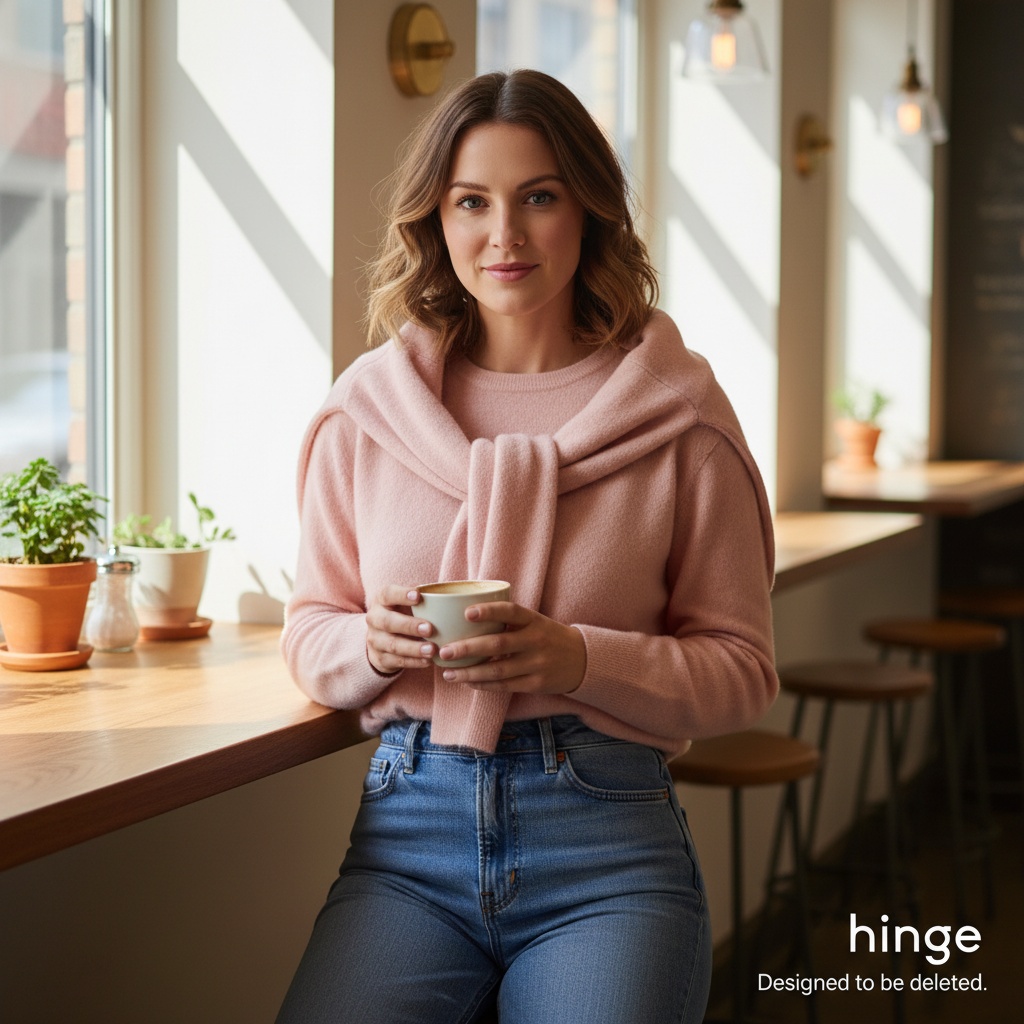 Emily, a striking 33-year-old white female figure, captured in a modern intimate portrait for a Hinge advertisement. She wears a soft blush-colored cashmere sweater draped over her shoulders, paired with tailored high-waisted denim jeans that accentuate her silhouette. Her confident gaze meets the camera, inviting connection with a warm smile. The chic urban café setting features minimalistic decor with brass accents and potted greenery. Natural light pours in through large windows, creating a cozy ambiance that highlights her features. Her hair falls in effortless waves, one hand holding a ceramic coffee mug while the other rests casually on the table, evoking a sense of ease and anticipation of new love. The shallow depth of field isolates her from the softly blurred background, radiating warmth and authenticity, perfectly embodying contemporary romance.