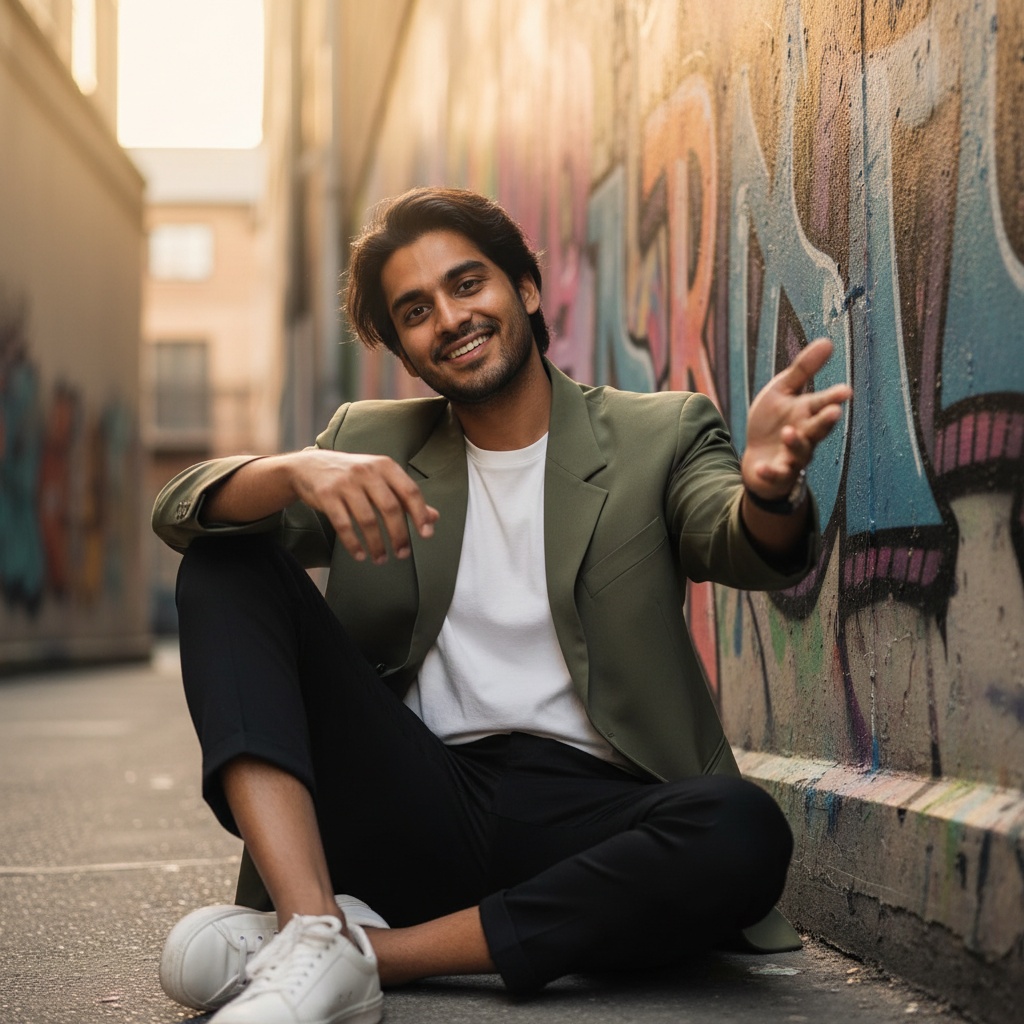 James, a 22-year-old Indian male, sits casually against a vibrant backdrop of urban graffiti art, embodying the modern romance of tech-infused dating. Dressed in a tailored oversized blazer over a plain white crew neck t-shirt and slim, cropped black trousers, he radiates effortless style. His tousled hair and light stubble enhance his youthful charm. Leaning forward with one arm on his knee and the other gesturing towards the camera, he creates an inviting connection. Warm, natural light filters through an alleyway, casting a soft glow on his face, emphasizing the twinkle in his eyes. The mood is playful yet sincere, capturing the essence of modern dating culture.