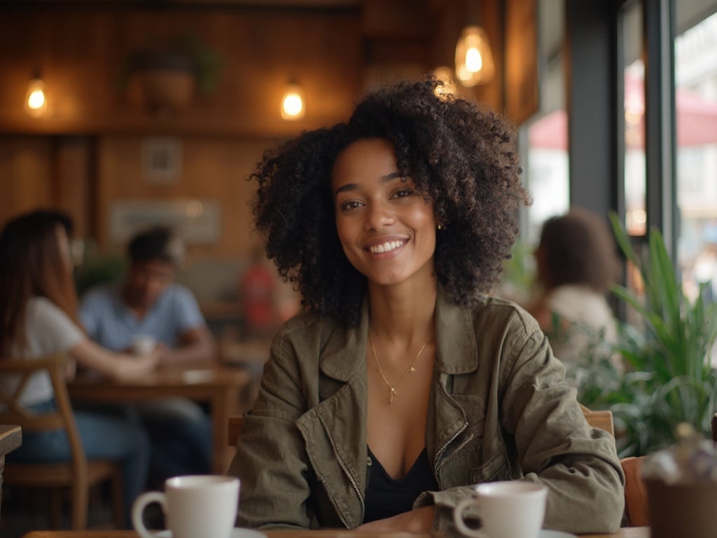Jane, a 35-year-old black woman, is sitting comfortably in a cozy coffee shop setting at Hinge. She has a warm smile, wearing a stylish outfit with her hair in beautiful natural curls. The background features soft lighting, wooden furnishings, and patrons engaging in conversation, creating an inviting atmosphere. The photo captures a moment of relaxation and connection in an urban environment.