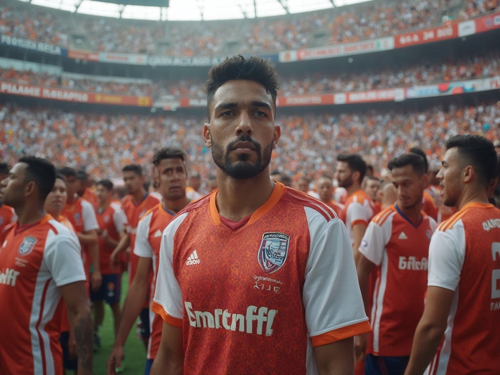 David, a 40-year-old Latin male, stands in the vibrant atmosphere of a sports match, surrounded by cheering fans and colorful team banners. He is wearing a team jersey, showing enthusiasm and excitement. The stadium is filled with energy as the match progresses, capturing the essence of sports culture and community engagement.