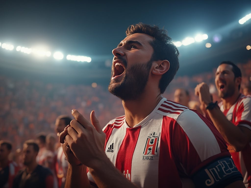 A 25-year-old Middle Eastern male, James, is in the middle of a thrilling sports match. He is wearing a team jersey, with an expression of excitement and focus as he cheers for his team from the stands. The background captures the energy of the crowd, with bright stadium lights and a vivid atmosphere that embodies the spirit of sports.