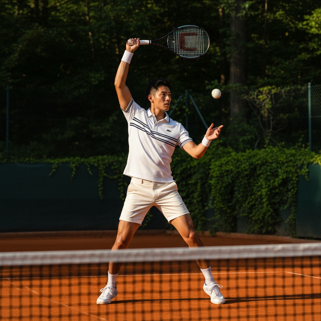 James, a 27-year-old Asian male tennis player, elegantly poised at the net on a sun-drenched court, exuding a blend of athleticism and sophistication. Dressed in a tailored white polo shirt with subtle navy stripe accents and fine cotton shorts, he raises his racket high, embodying fierce concentration like a champion. The golden light casts dynamic shadows on his muscular frame, while lush greenery forms the backdrop, accentuating the dramatic tension before his serve. This moment captures the interplay of sport and elegance, celebrating modern masculinity in high fashion.