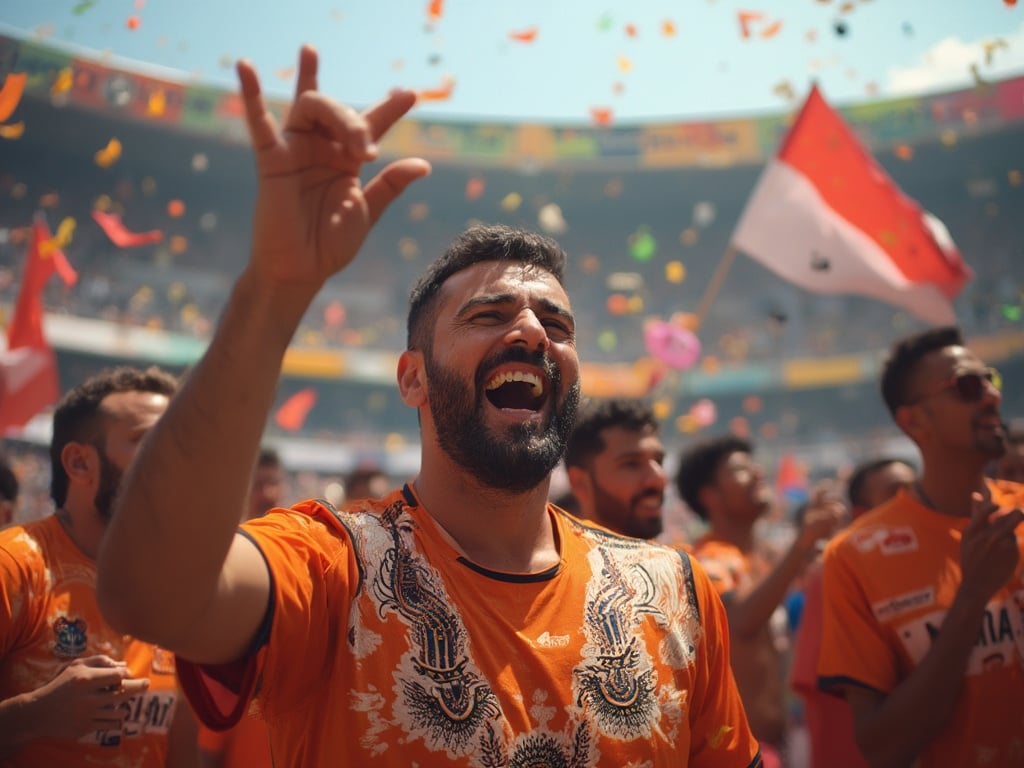 John, a 40-year-old Middle Eastern male, is captured in a vibrant sports setting during a match. He is dressed in a traditional sports jersey, passionately cheering for his team amidst a lively crowd. The atmosphere is electric, filled with excitement and enthusiasm, with colorful banners and flags flying in the background, showcasing the spirit of the game. The image reflects the thrill of sportsmanship and unity.
