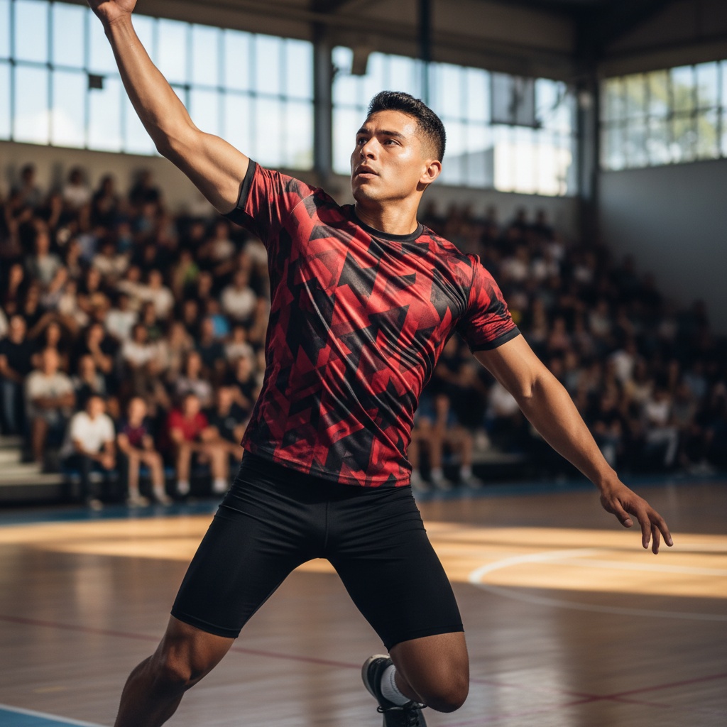 A striking 27-year-old Latin male, John, is captured in an intense moment during a competitive match. He is adorned in a fitted athletic jersey that accentuates his athletic build, with sleek shorts that highlight his muscular legs. The setting is a vibrant, sun-drenched arena, filled with blurred spectators that evoke a palpable energy. His expression reflects fierce determination and concentration, as his body is mid-motion, muscles taut and ready. The lighting enhances the depth of his skin tone, creating a play of highlights and shadows that heighten the drama of the scene. This image encapsulates the raw spirit of competition, blending artistry and athleticism into a powerful visual narrative.