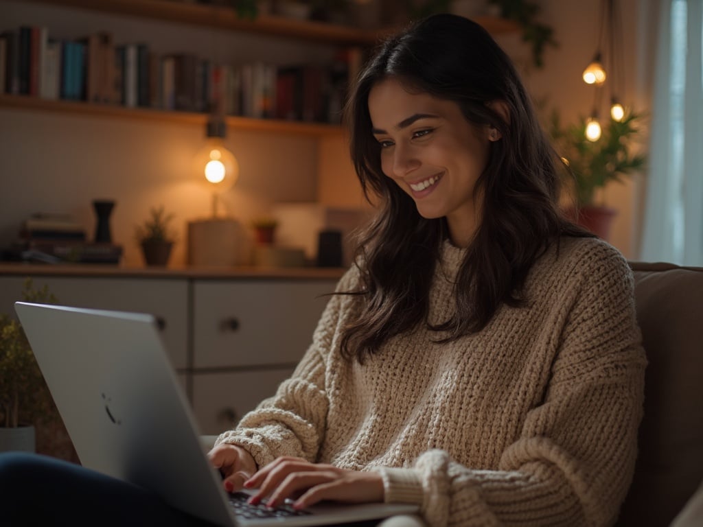 A 35-year-old Indian woman named Emily sitting comfortably at her home, engaging with her profile on OkCupid. She is wearing a cozy sweater, her hair is styled in soft waves, and she has a warm smile while typing on her laptop. The setting is relaxed with ambient lighting, showcasing elements of her personality in the background, such as books and personal decor, reflecting a modern dating experience.
