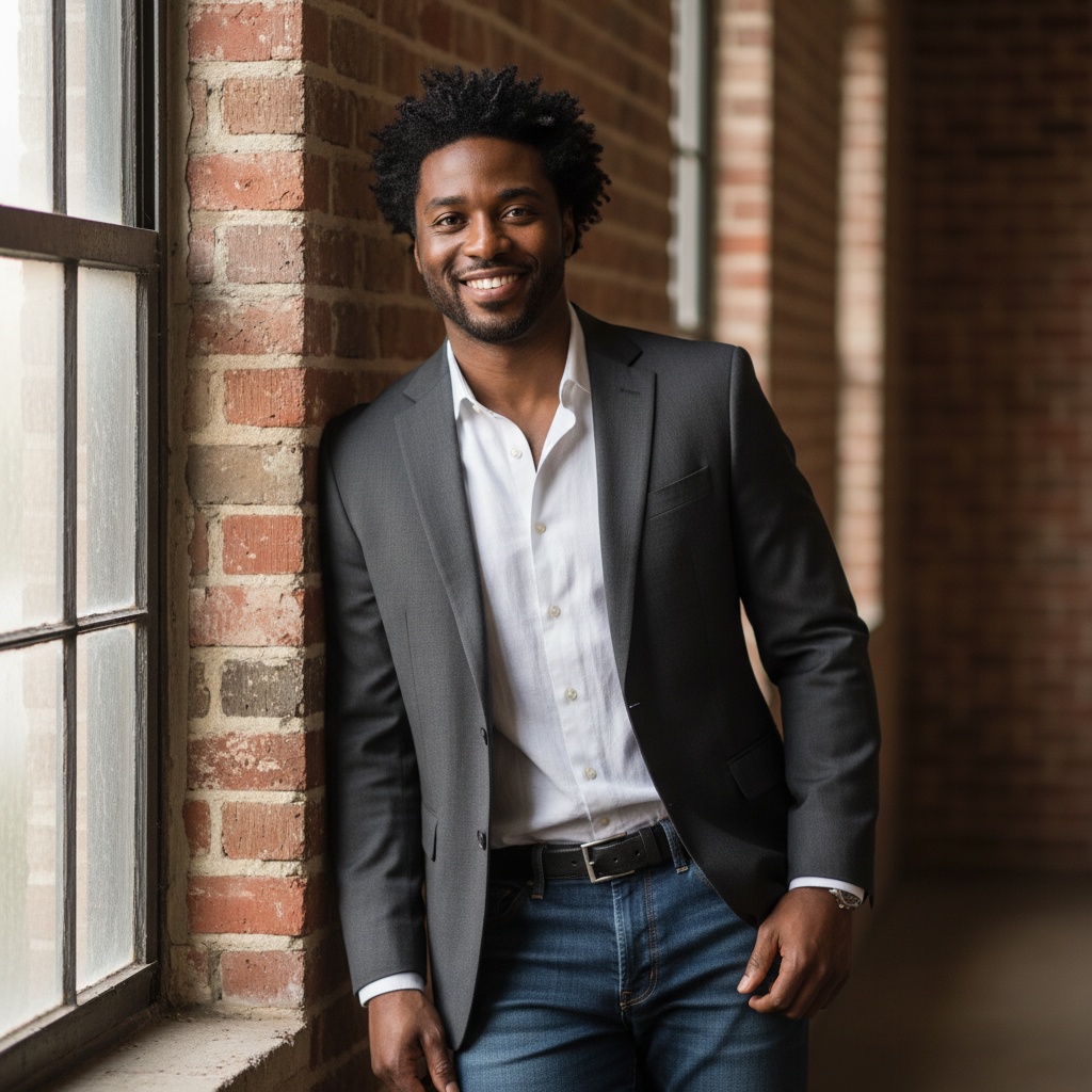 James, a charismatic 33-year-old Black male, leans casually against a vintage brick wall in a relaxed yet sophisticated pose suitable for an OkCupid profile. Dressed in a tailored charcoal blazer over a crisp white linen shirt and fitted dark jeans, he showcases a well-proportioned athletic build. His tousled hair is styled to reflect confidence, complemented by a genuine smile that exudes warmth and approachability. The soft natural light filters through a nearby window, casting gentle shadows on his face and highlighting the texture of the brick wall, creating a warm ambiance that balances sophistication with laid-back charm. This portrait captures his inviting presence and authentic charisma, perfect for engaging potential connections.