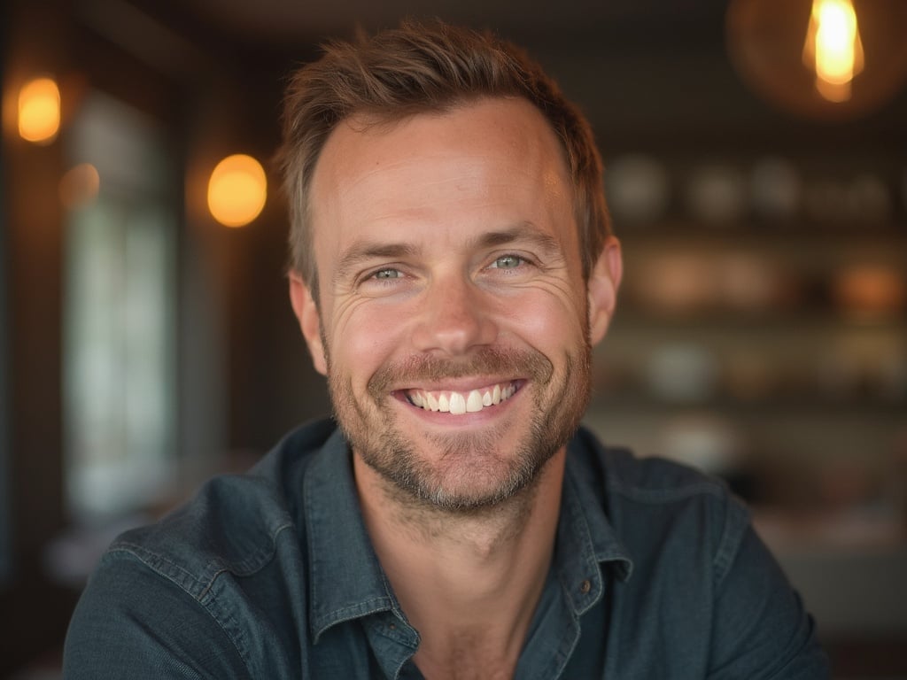 John, a 40-year-old white male, is seen in a casual setting reminiscent of a dating app profile on OkCupid. He is dressed in a smart-casual outfit, smiling warmly as he poses for a photo. The background suggests a cozy and inviting ambiance, with soft lighting and hints of modern decor. The image captures his approachable demeanor, ideal for a dating profile, reflecting confidence and friendliness.