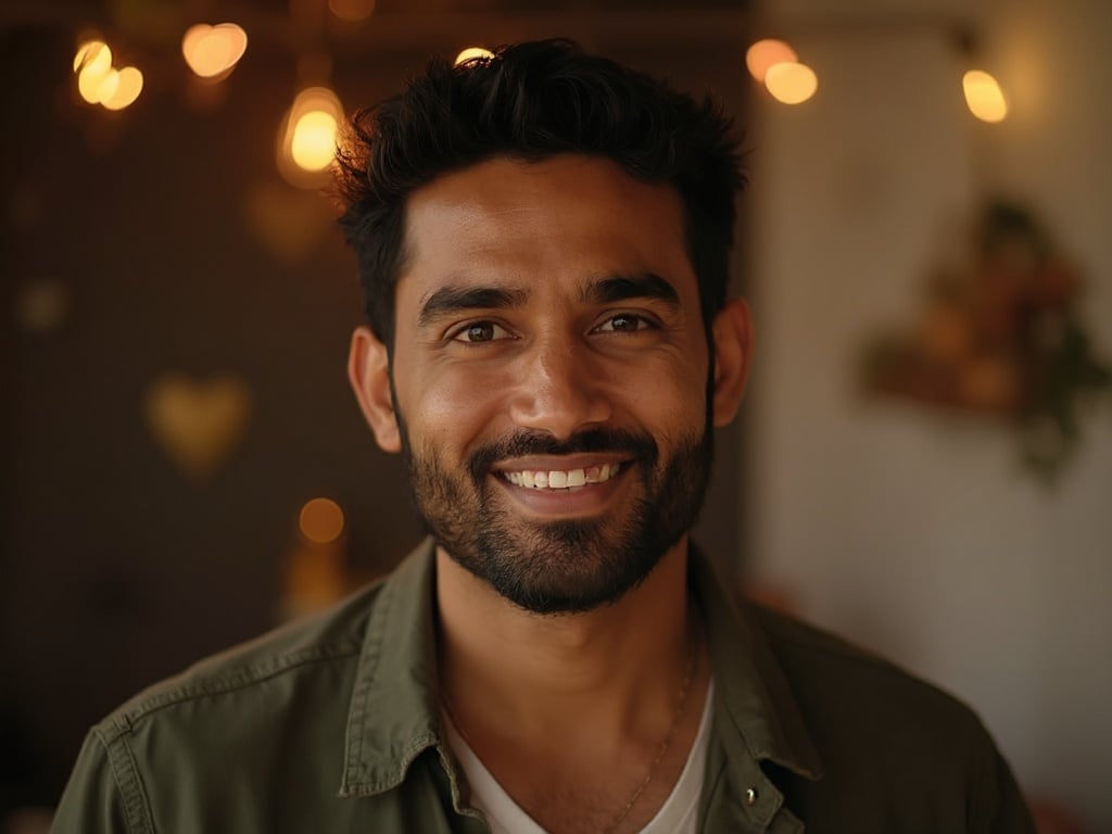 A portrait of Michael, a 40-year-old Indian male, with a warm smile, in a cozy setting that resembles an OkCupid profile page. He is dressed in a casual yet stylish outfit, conveying a friendly and approachable demeanor. The background subtly includes elements that hint at a digital dating environment, such as hearts or chat bubbles, while maintaining a focus on Michael’s friendly expression. The lighting is soft and inviting, enhancing the overall warmth of the image.