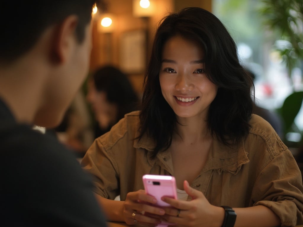 Olivia, a 25-year-old Asian woman, is sitting at a cozy cafe, engaged with her phone and using the OkCupid app. She has medium-length black hair, wearing casual stylish attire suited for a relaxed date. The setting includes warm lighting, a few plants in the background, and other patrons enjoying their time, capturing the essence of modern dating culture.