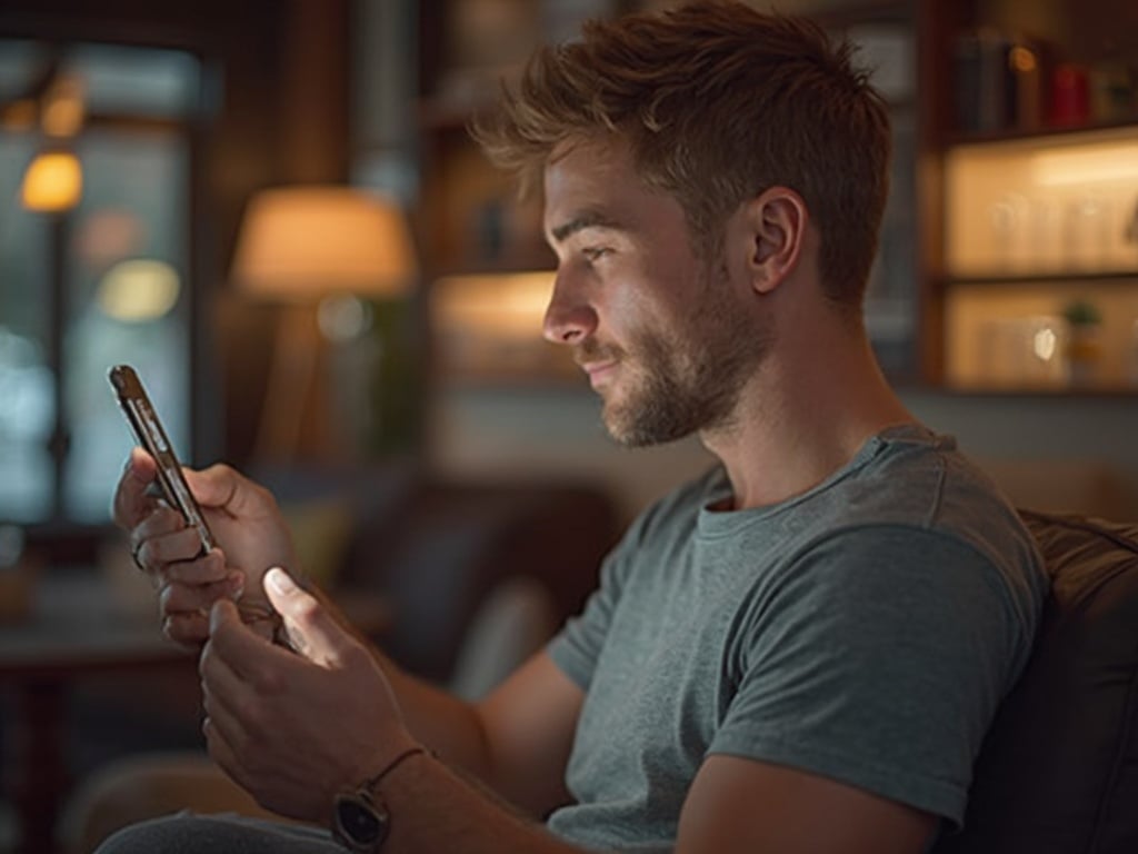 A 40-year-old white male, David, holding a smartphone and looking intrigued as he browses profiles on Tinder. He is dressed casually in a modern setting, perhaps in a cozy coffee shop or a stylish living space. The background has soft lighting that creates a warm and inviting atmosphere, reflecting the contemporary dating scene.