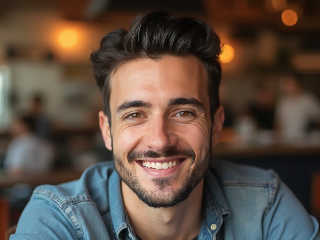 A 30-year-old Arab male, James, presenting himself in a Tinder profile setting. He is casually dressed, exuding confidence with a warm smile and engaging eyes. The background is softly blurred, suggesting a stylish café or urban environment. The lighting is inviting, capturing his warm skin tone and features clearly, perfect for a dating app profile image.