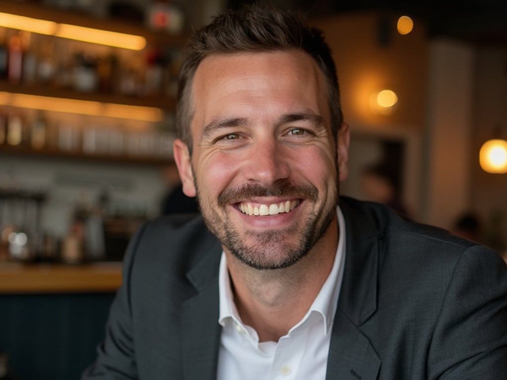 A 40-year-old white male, James, smiling confidently as he poses for a profile picture in a trendy urban setting suitable for a Tinder profile. He is dressed in smart-casual attire, showcasing a laid-back yet stylish look. The background shows a lively café or bar scene, adding to the atmosphere of casual charm and approachability, perfect for online dating.
