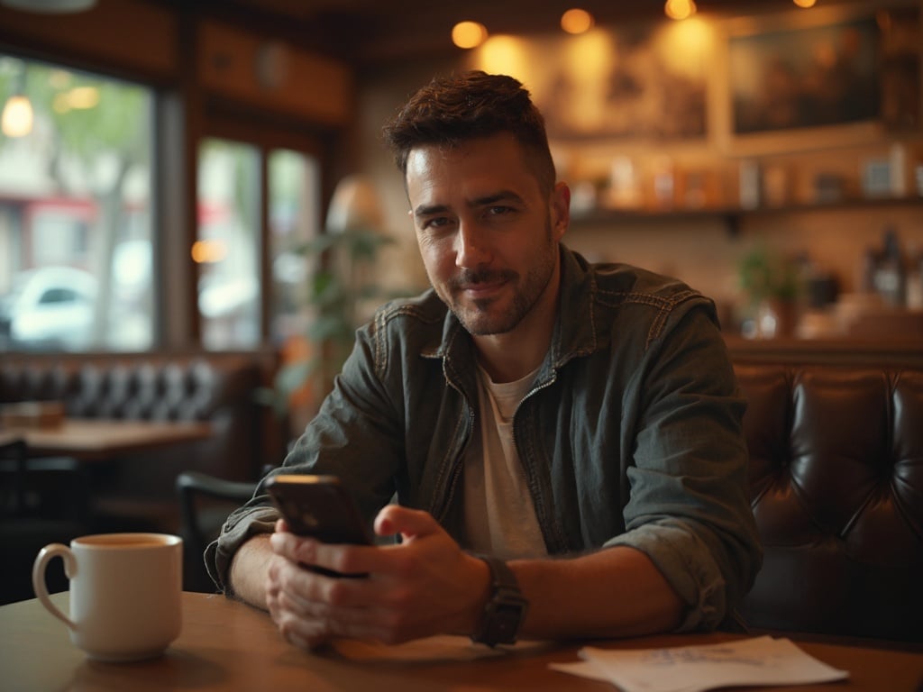 A 30-year-old Latin male named John, casually dressed, sitting at a cozy coffee shop setting with a smartphone in hand, engaging on Tinder. The ambiance should be warm and inviting, with soft lighting highlighting his features. His expression is confident and approachable, capturing the essence of modern dating culture.