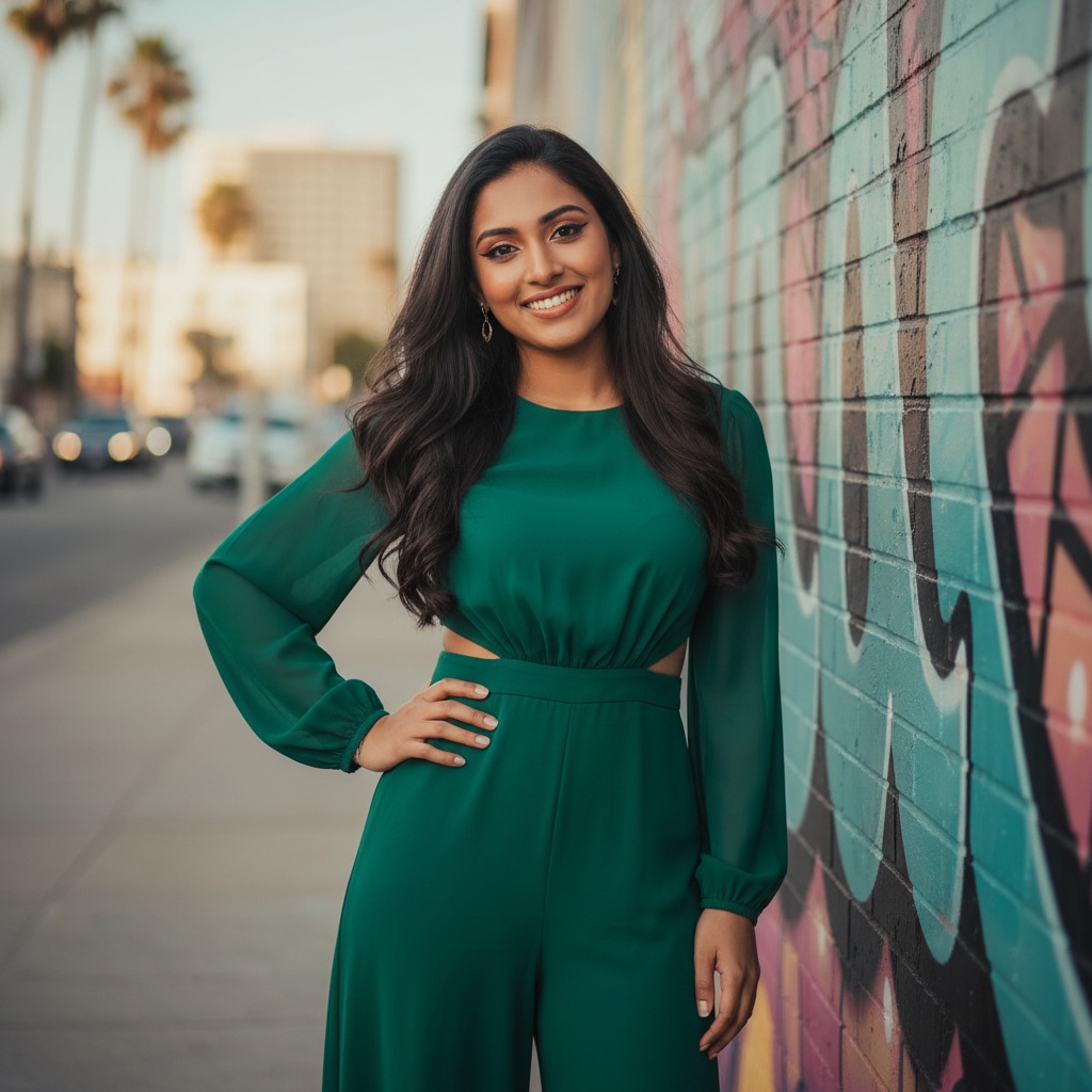 Olivia, a 23-year-old Indian woman, embodies effortless modern femininity in a high-energy Tinder profile shot. She wears a vibrant emerald green jumpsuit made from sleek chiffon with cutout details accentuating her waist, against an urban backdrop of graffiti murals and sun-drenched city streets. Her hair cascades in loose waves, framing her face, while playful yet sophisticated makeup highlights her expressive eyes and warm smile. She stands relaxed but confident, leaning against a colorful wall, one hand on her hip. The soft natural light captures her glowing essence, with a blurred city background adding depth, perfectly encapsulating the spirit of contemporary dating. The overall vibe is youthful, vibrant, and refreshingly authentic, inviting viewers to swipe right and discover more.
