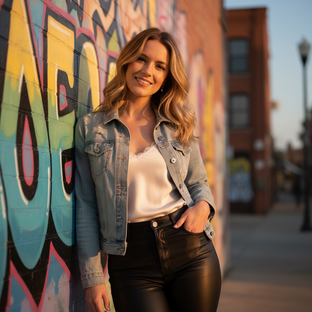 Sarah, a captivating 23-year-old Caucasian woman, exuding effortless charm in a Tinder profile shoot. She's leaning casually against a vibrant graffiti-covered wall in an urban setting, wearing a chic, fitted denim jacket over a sleek white camisole and high-waisted leather trousers. Her hair cascades in tousled waves, framing her radiant smile that conveys warmth and approachability. Soft, natural lighting enhances her features during the golden hour, creating an inviting atmosphere. Sarah's playful yet confident body language, with one hand in her pocket and the other on her hip, portrays self-assuredness, perfect for modern romance. The composition is thoughtfully crafted, capturing the essence of youthful adventure and excitement.