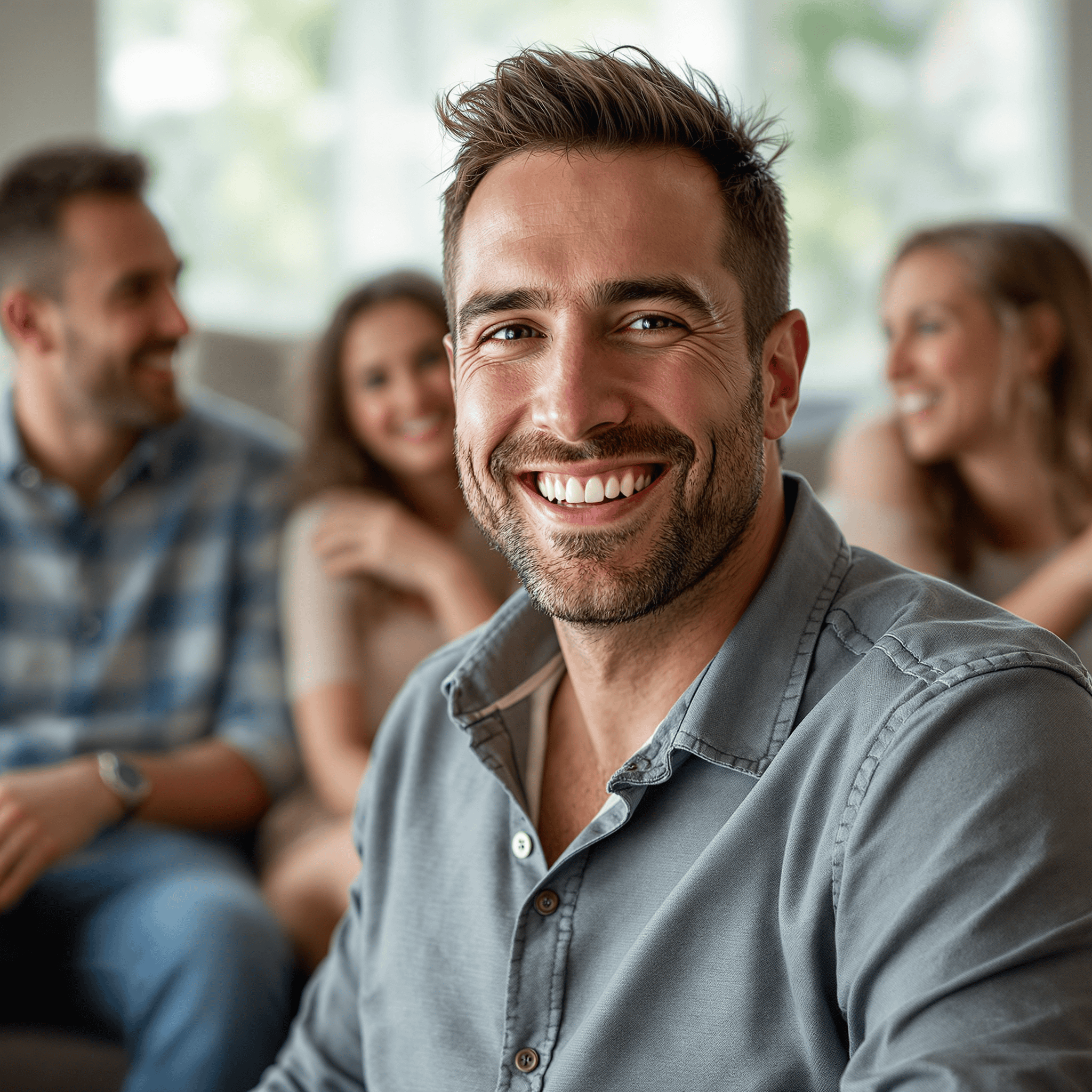 Michael, a 35-year-old male, smiles warmly as he sits in a cozy living room setting surrounded by family. The atmosphere is filled with laughter and love, showcasing the bond between him and his family members. Soft, natural lighting filters through the windows, creating a welcoming and intimate environment for this heartwarming family gathering. Michael's casual attire reflects a relaxed day spent with loved ones, capturing a moment of togetherness.