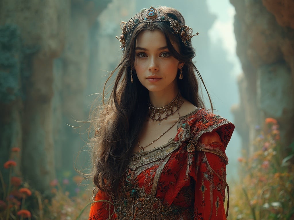 Jane, a 30-year-old Arab female, dressed in a stunning fantasy and cosplay outfit that blends traditional and modern elements. She has long flowing hair adorned with intricate accessories, showcasing a vibrant ensemble with rich colors and detailed patterns. The setting is a fantastical landscape with ethereal lighting, adding to the magical atmosphere, perfect for a cosplay adventure.