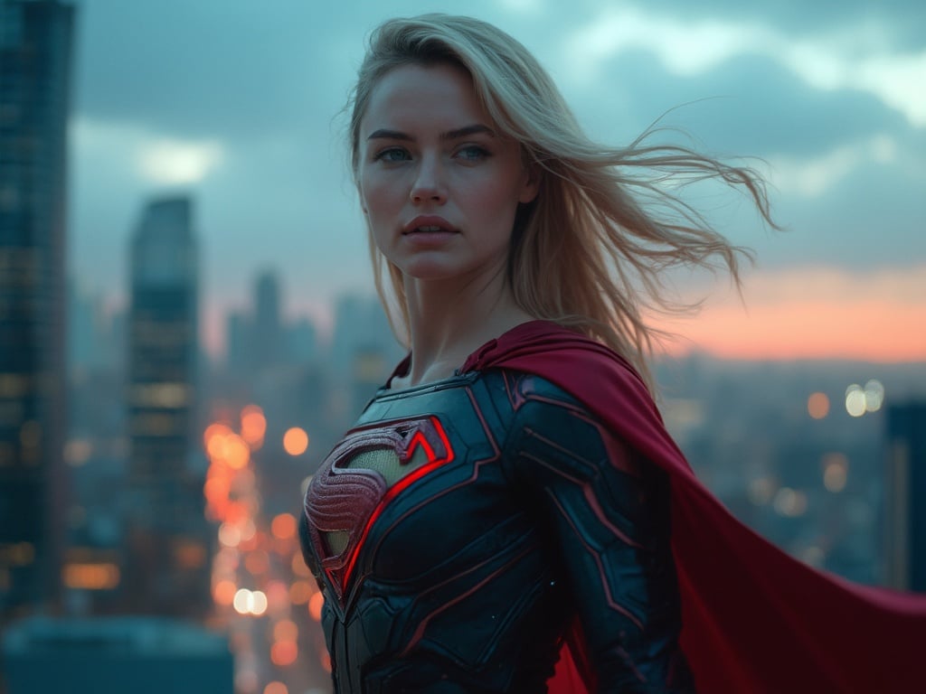 A captivating portrait of Jane, a 30-year-old white female superhero standing confidently in a dynamic pose. She is in a high-tech urban setting, showcasing her superhero costume that blends modern design with classic elements. The background features a skyline at dusk, with city lights beginning to twinkle. Her expression is determined, embodying strength and empowerment as a protector of the city, with a subtle wind blowing through her hair. The scene is dramatic and colorful, enhancing the heroic theme.