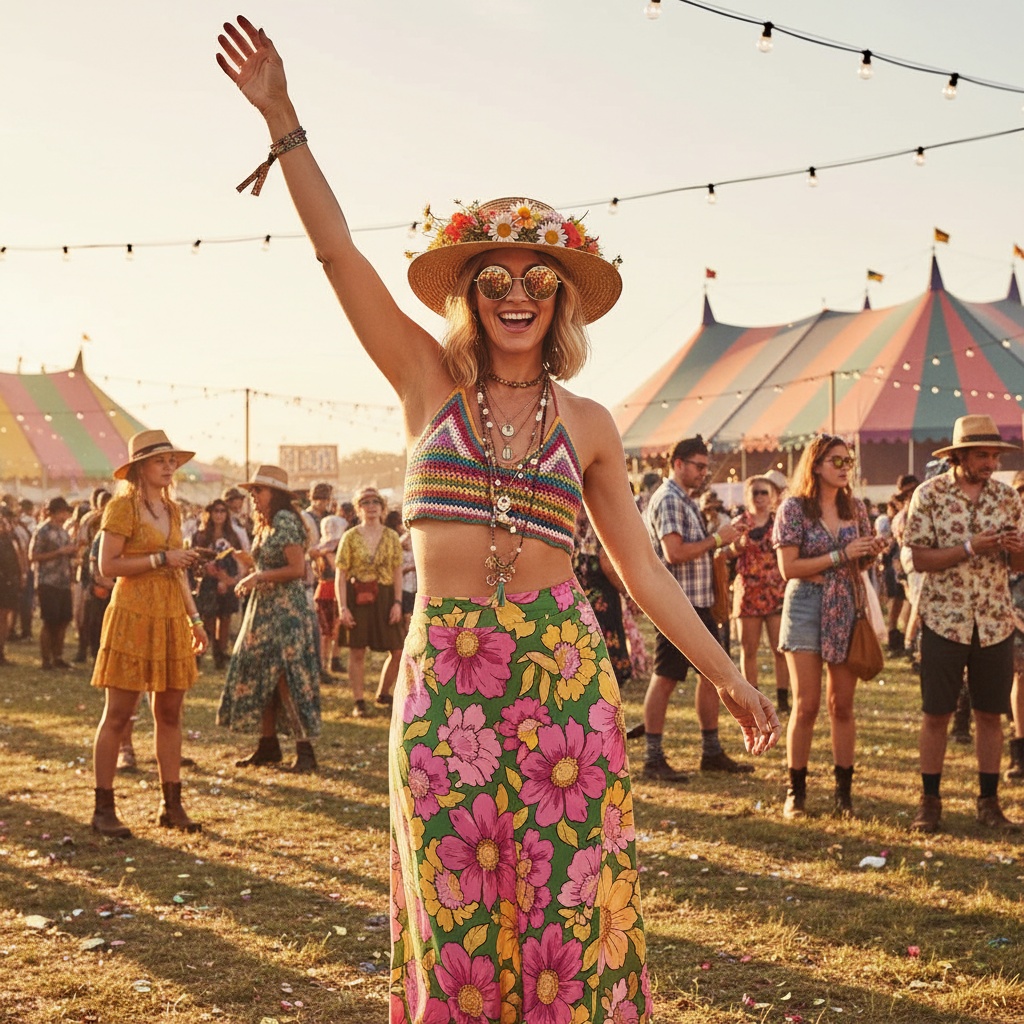 Cheerful festival-goer in a colorful crop top and floral skirt, wearing sunglasses and a flower crown, dancing at an outdoor event with a vibrant crowd and tents in the background during sunset.
