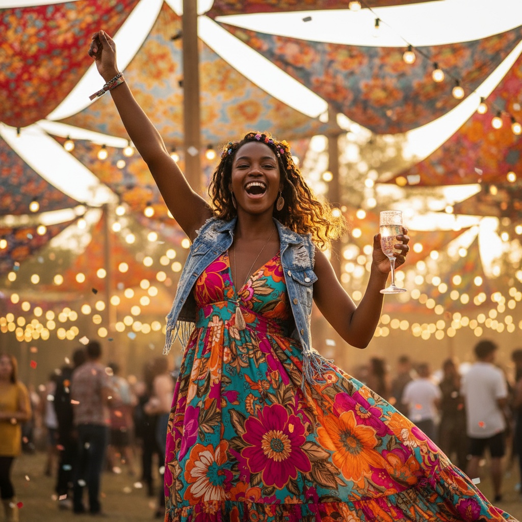 A joyful woman in a colorful floral dress and denim vest raises her arm and sparkling drink at a lively outdoor festival, surrounded by vibrant decorations and glowing lights.