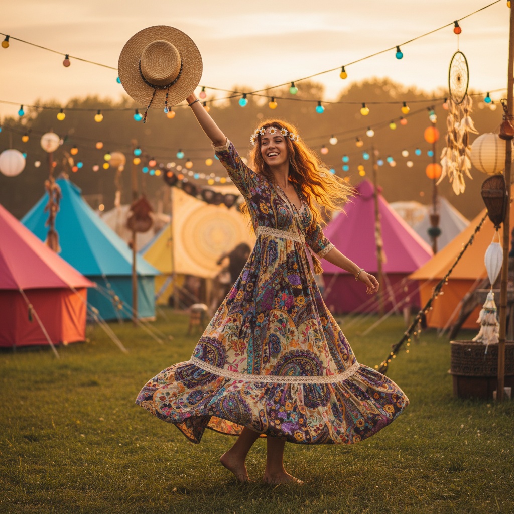 A joyful woman in a colorful floral maxi dress twirls with a straw hat in a vibrant outdoor festival setting, surrounded by brightly colored tents and decorative string lights at sunset.