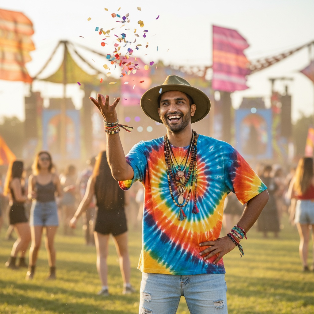 Man wearing a colorful tie-dye t-shirt and hat smiling while tossing colorful confetti at a vibrant outdoor music festival.