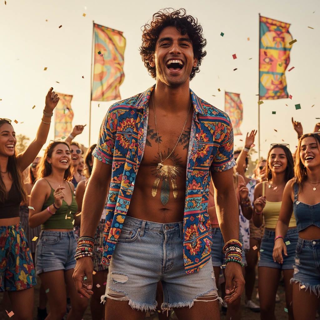 Vibrant music festival scene featuring a diverse group of young adults dancing and celebrating, with a smiling man in a colorful patterned shirt and denim shorts at the forefront, confetti falling around them and colorful flags in the background.