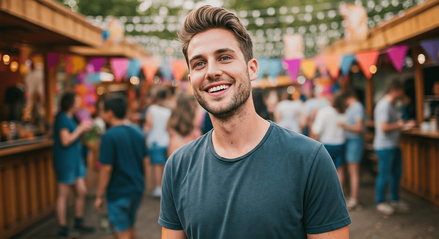 Smiling young man at a vibrant outdoor festival, surrounded by colorful decorations and cheerful crowds.